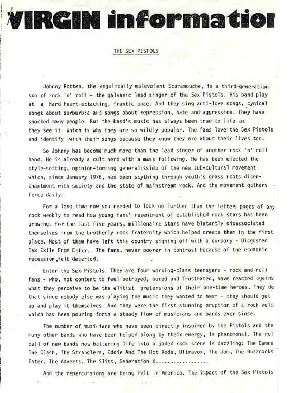 Page 1: Virgin Records Sex Pistols Biography 1977