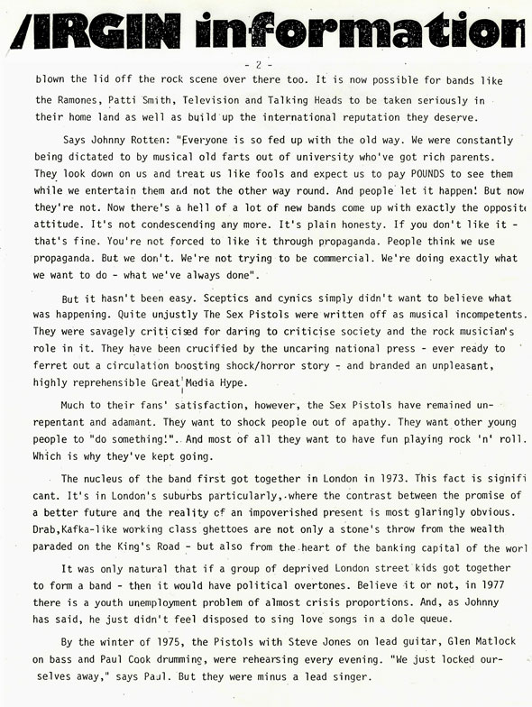 Page 2: Virgin Records Sex Pistols Biography 1977