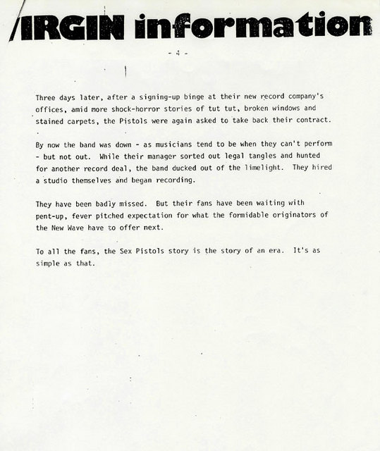 Virgin Records Sex Pistols Biography, - Caroline Coon, May 1977